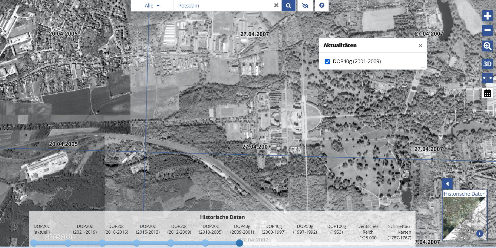 öffnet historisches Luftbild mit einem Screenshot aus dem BRANDENBURGVIEWER der LGB und einer Ansicht der Zeitscheibe 2001-2009 für Potsdam im Bereich des Neuen Palais im Park Sanssouci und der benachbarten Orte Eiche und Golm.