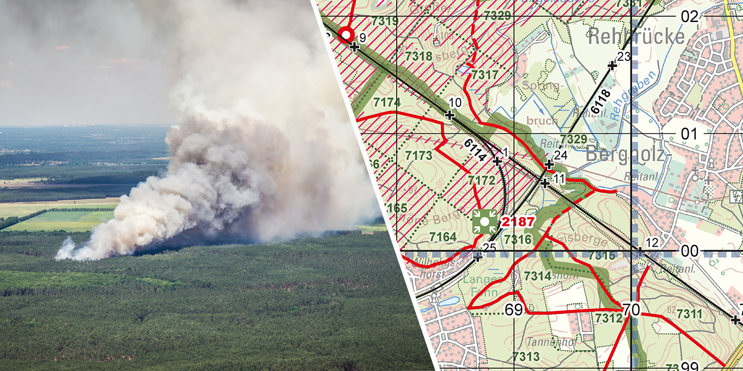 Ausschnitt aus einer Waldbrandeinsatzkarte öffnet Abbildung mit einem Foto (links) eines Waldbrands und eines Ausschnitts aus einer Waldbrandeinsatzkarte (rechts)